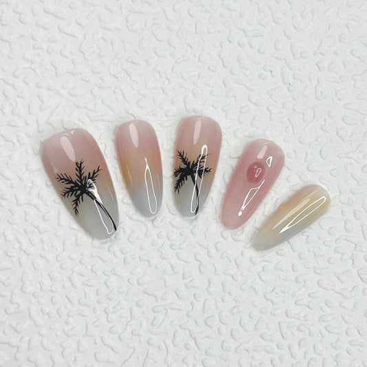 Beach Palm Tree Pink and Gray Nails