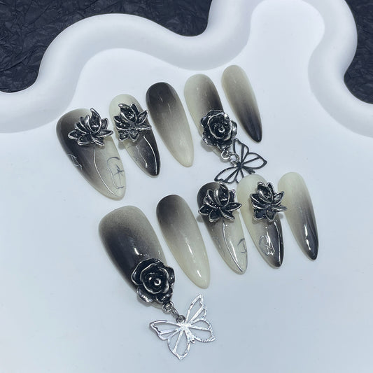 3D Flower Goth Ombre Black Nails