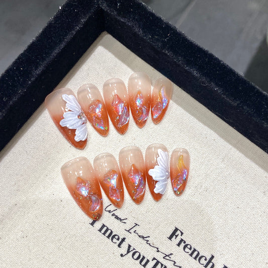 Ombre Orange Nails Glitter 3D Mermaid