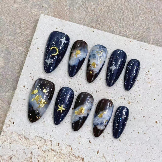 Black Galaxy Nails Gold ombre Almond