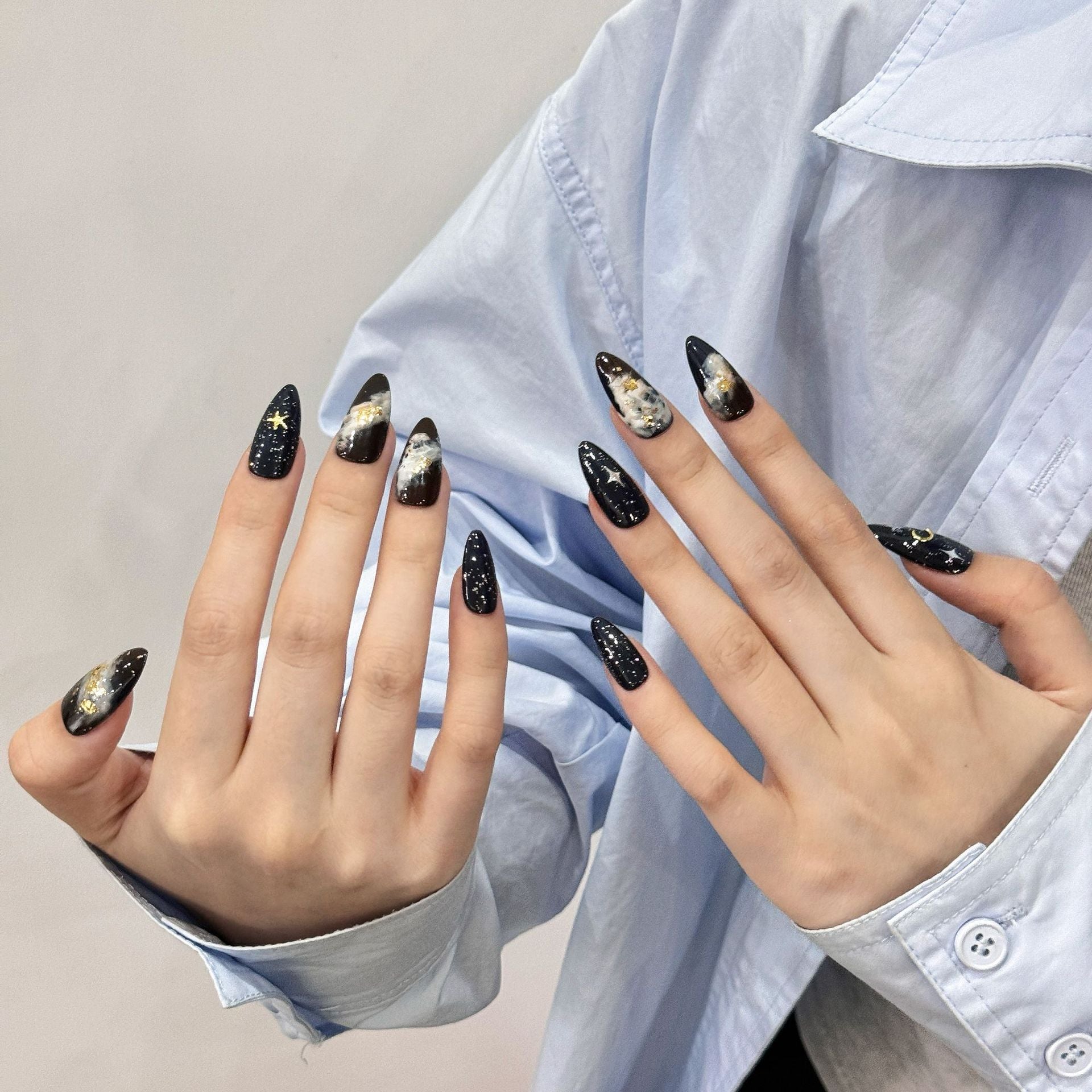 Black Galaxy Nails Gold ombre Almond