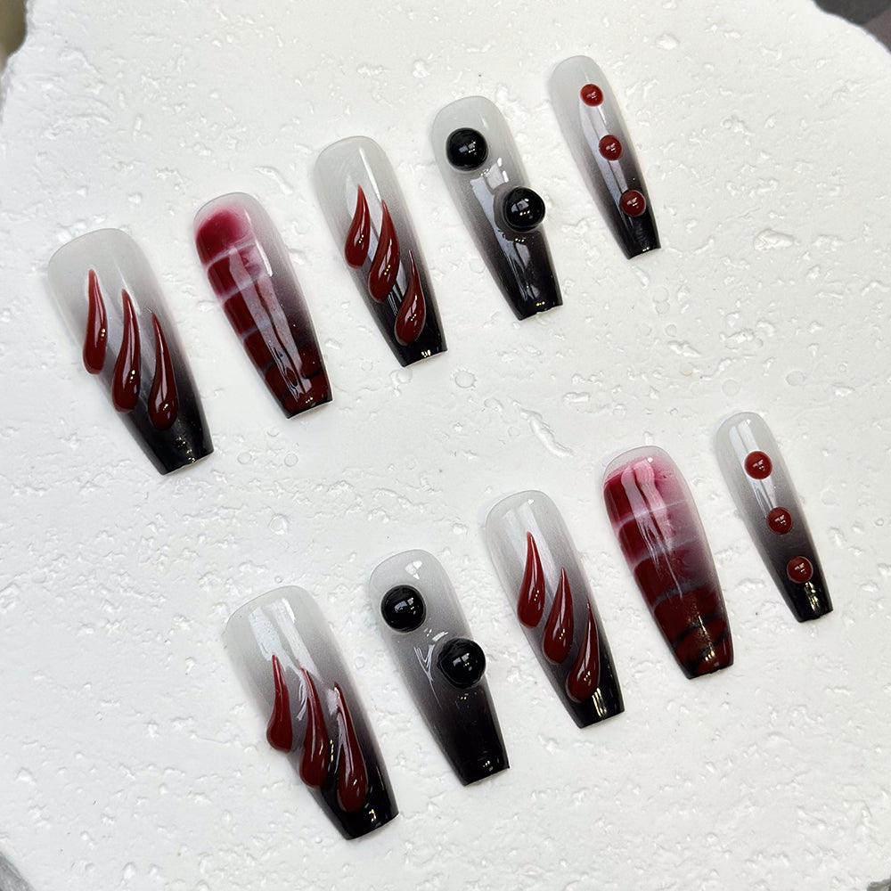 Red Black 3D Edgy Coffin Ombre Nails