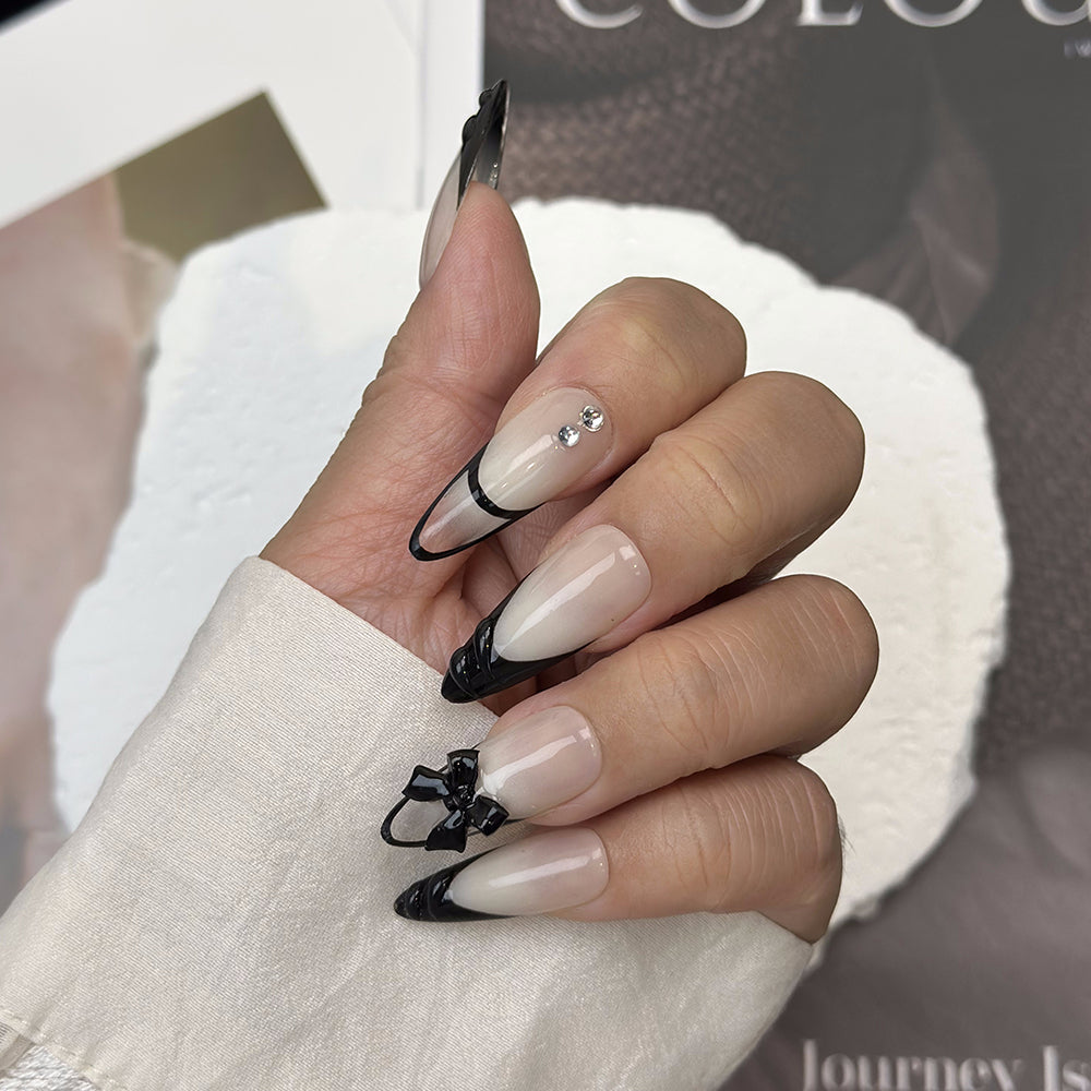 Hollow French Bow Almond Beige Ombre Nails