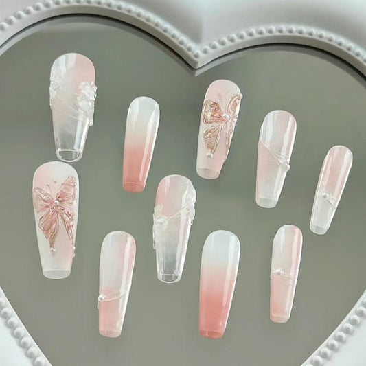 Light Pink 0mbre Nails Butterfly Coffin