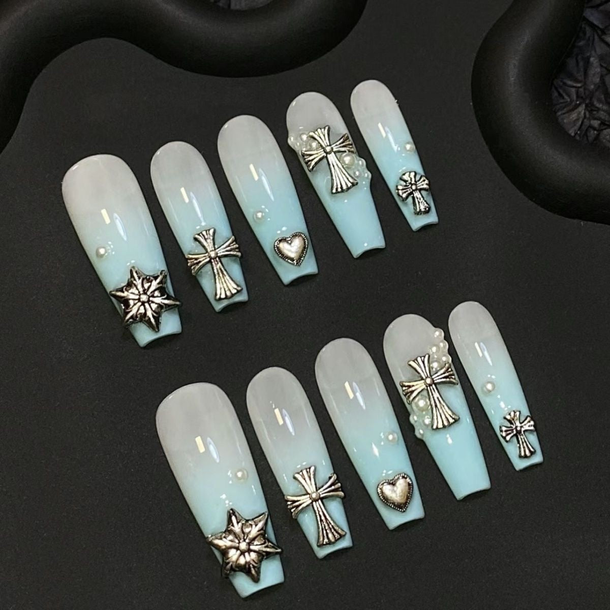 Cross Baby Blue Coffin Ombre Nails