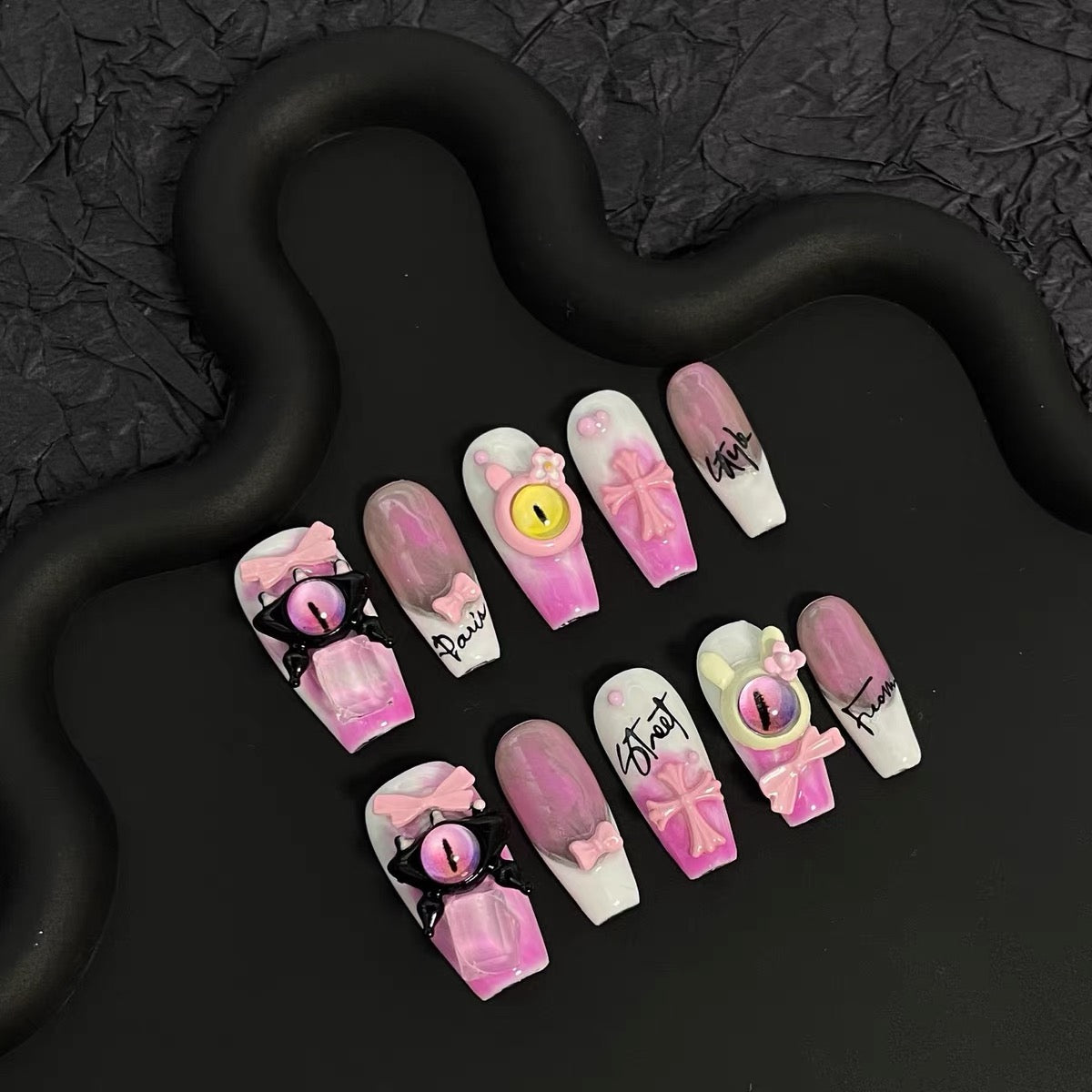 Monster Eye Pink 3D Coffin Ombre Nails