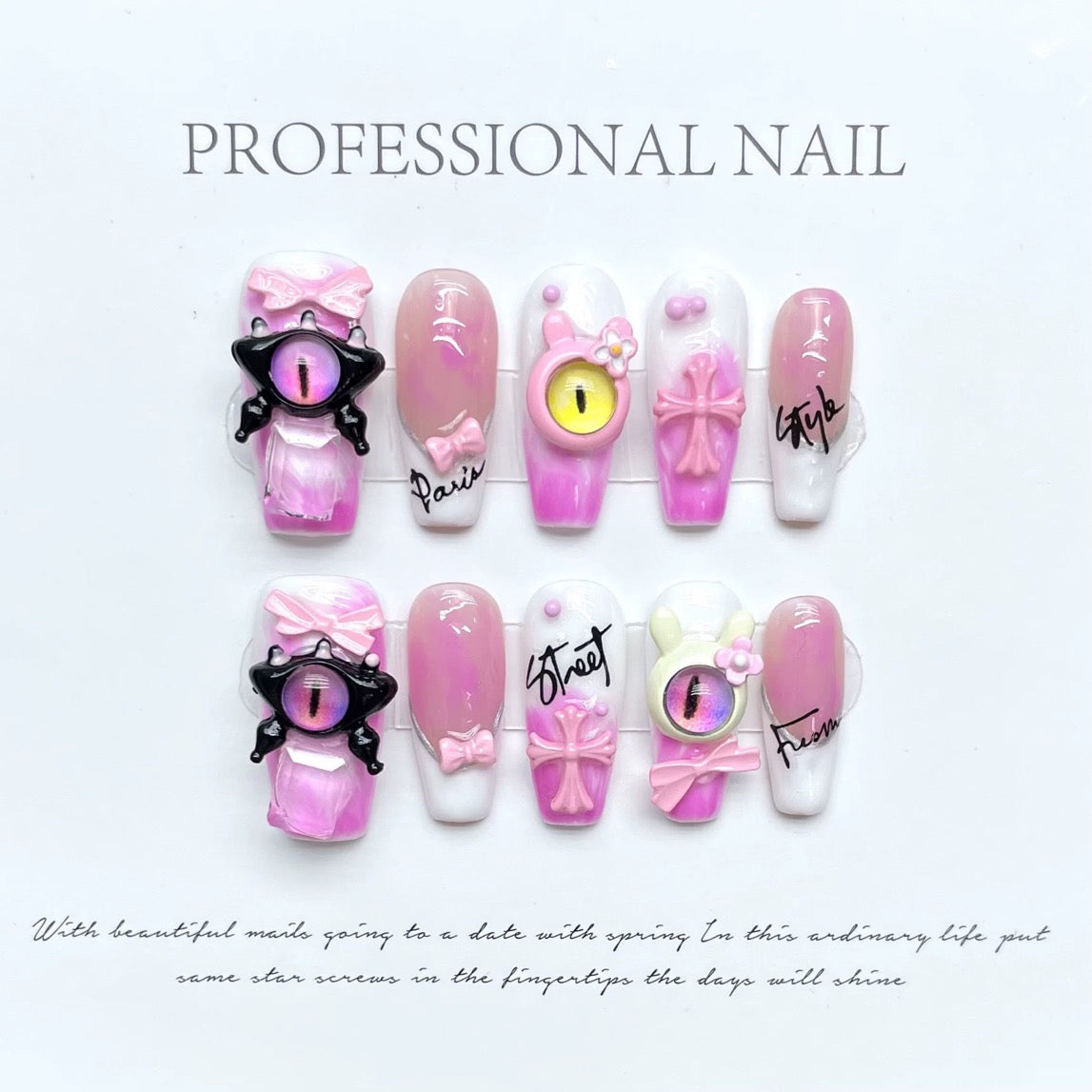 Monster Eye Pink 3D Coffin Ombre Nails