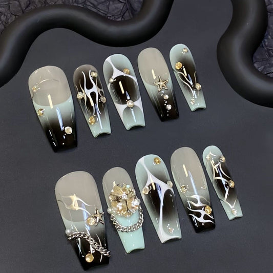 Blue Black Y2k Coffin Ombre Nails