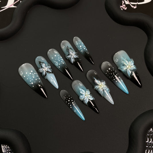 Blue And Black 3D Orchid Stiletto Ombre Nails