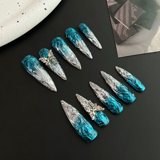 3D Chrome Blue Stiletto Ombre Nails