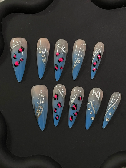 Leopard Blue Stiletto Ombre Nails