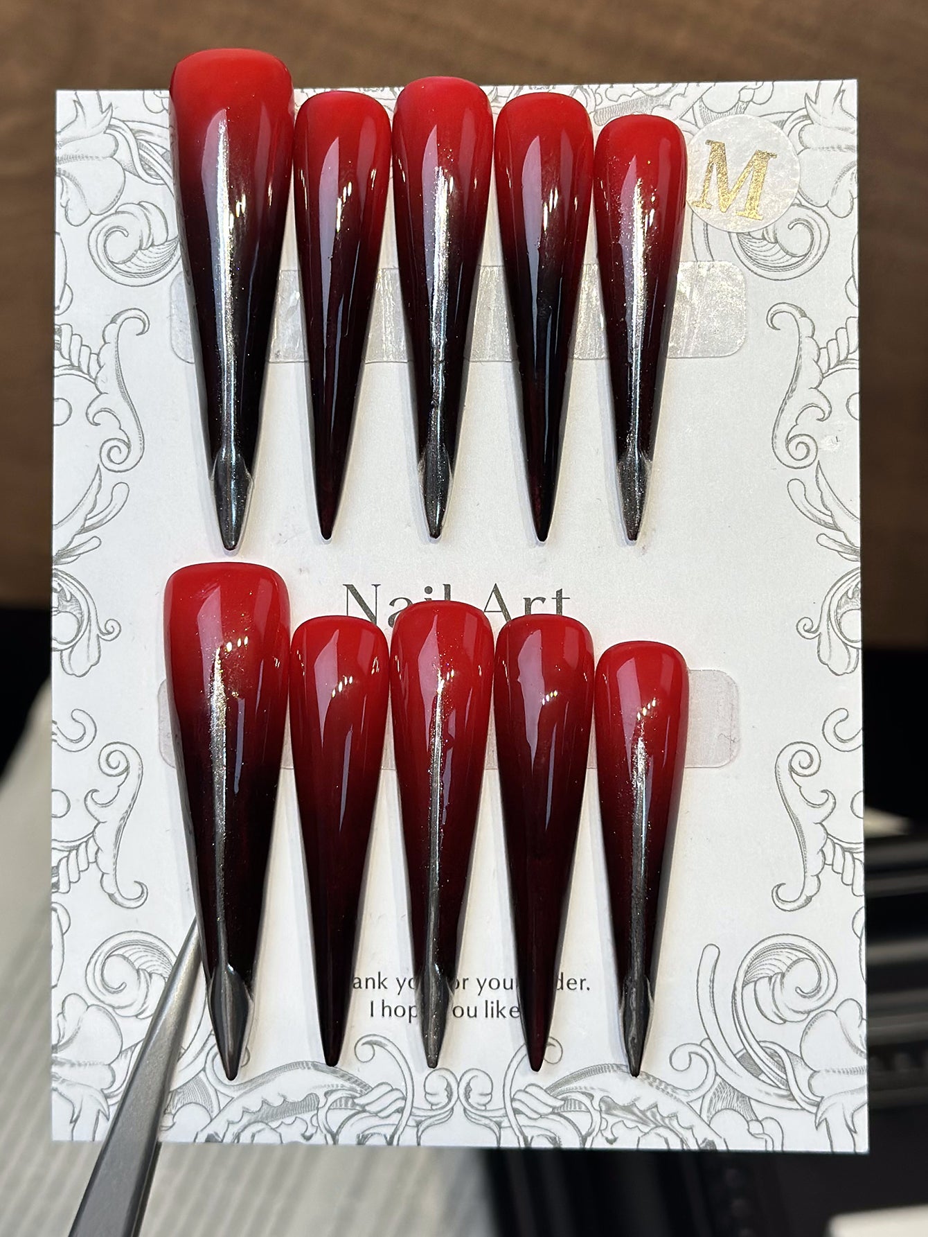 Black And Red Long Stiletto Ombre Nails