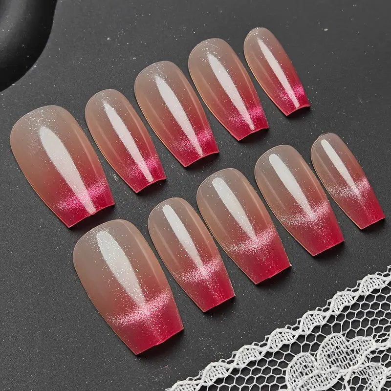 Cat Eye French Coffin Red Ombre Nails