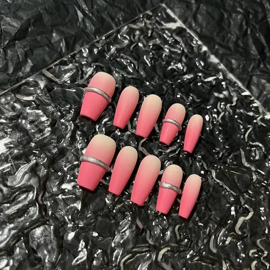 3D Line Matte Coffin Pink Ombre Nails