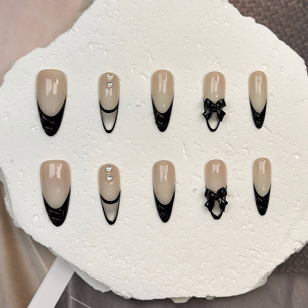 Hollow French Bow Almond Beige Ombre Nails