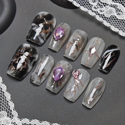 Marble Gem Coffin Black Ombre Nails