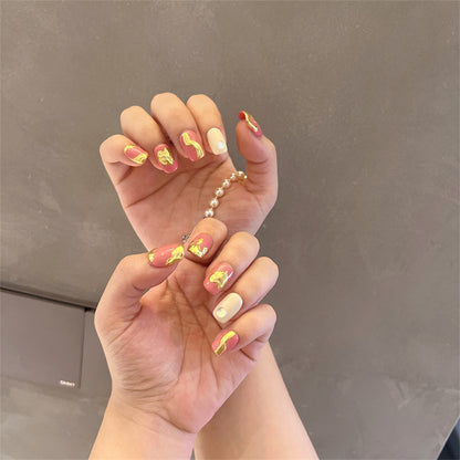 Rose Pink Nails Metallic Gold Round Square