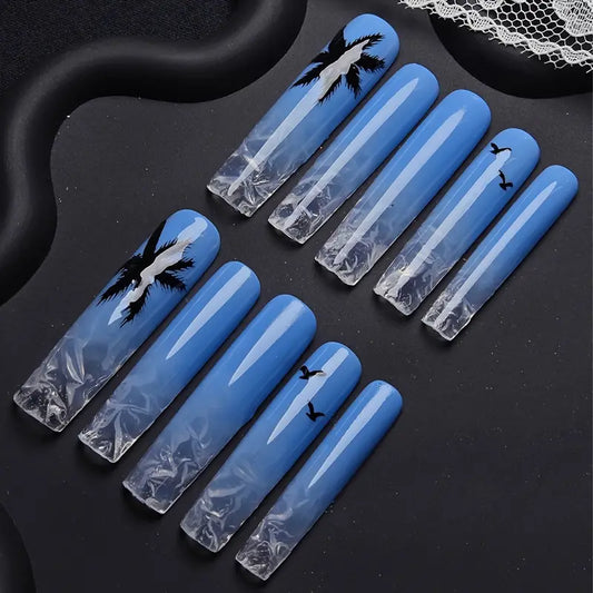 Clear Ice Coffin Blue Ombre Nails