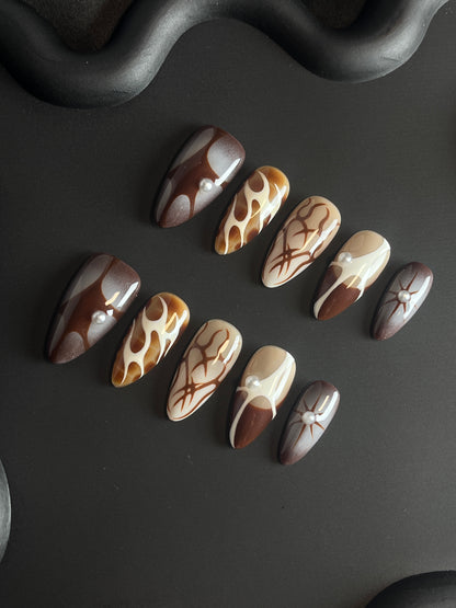 Brown Abstract Almond Ombre Nails