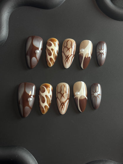 Brown Abstract Almond Ombre Nails