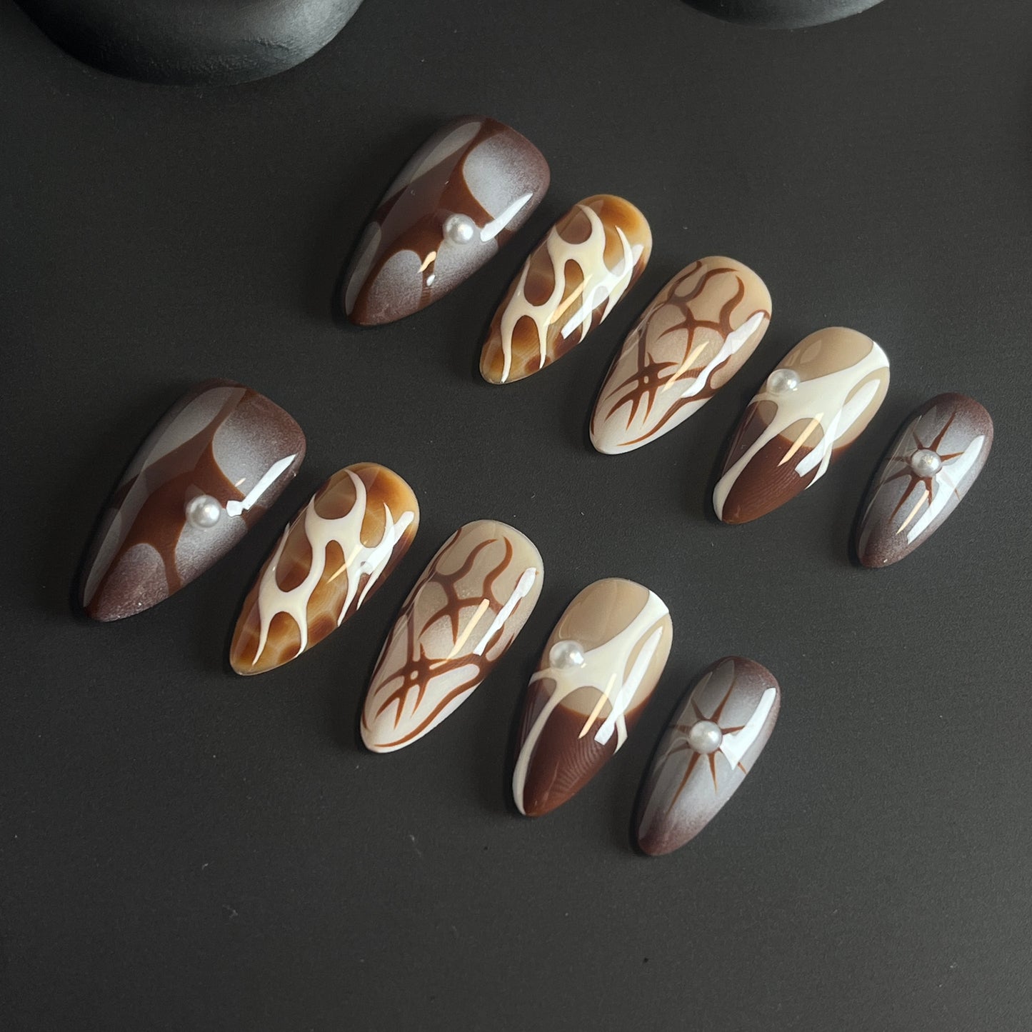 Brown Abstract Almond Ombre Nails