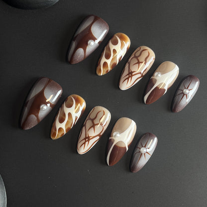 Brown Abstract Almond Ombre Nails