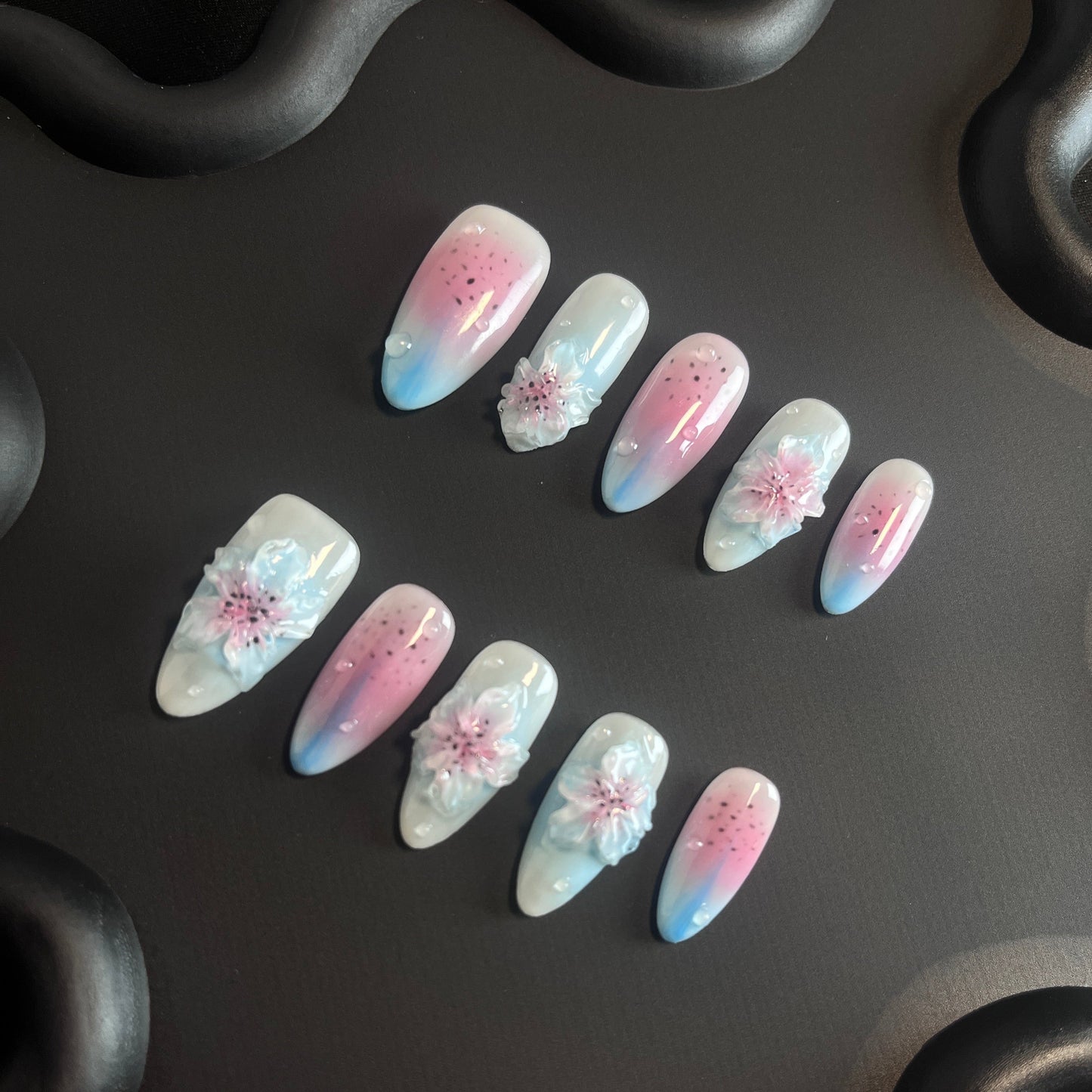 Pink Blue 3D Orchid Almond Ombre Nails