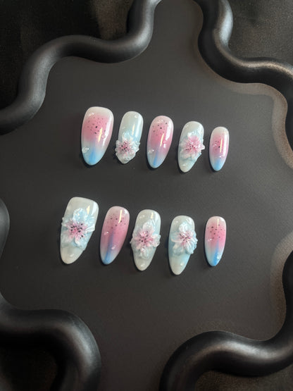 Pink Blue 3D Orchid Almond Ombre Nails