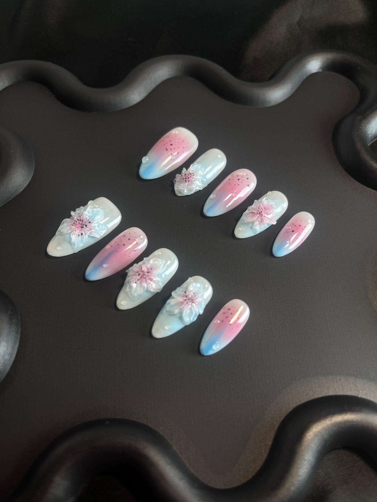 Pink Blue 3D Orchid Almond Ombre Nails