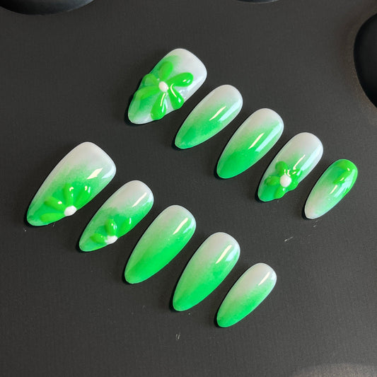 3D Daisy Neon Green Almond Ombre Nails