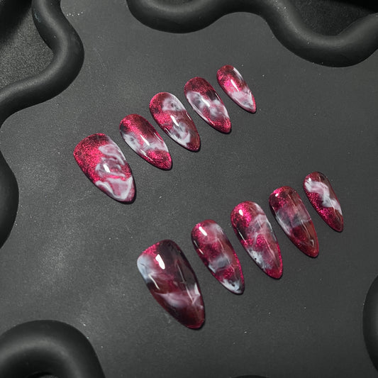 Red Cat Eye Marble Ombre Nails