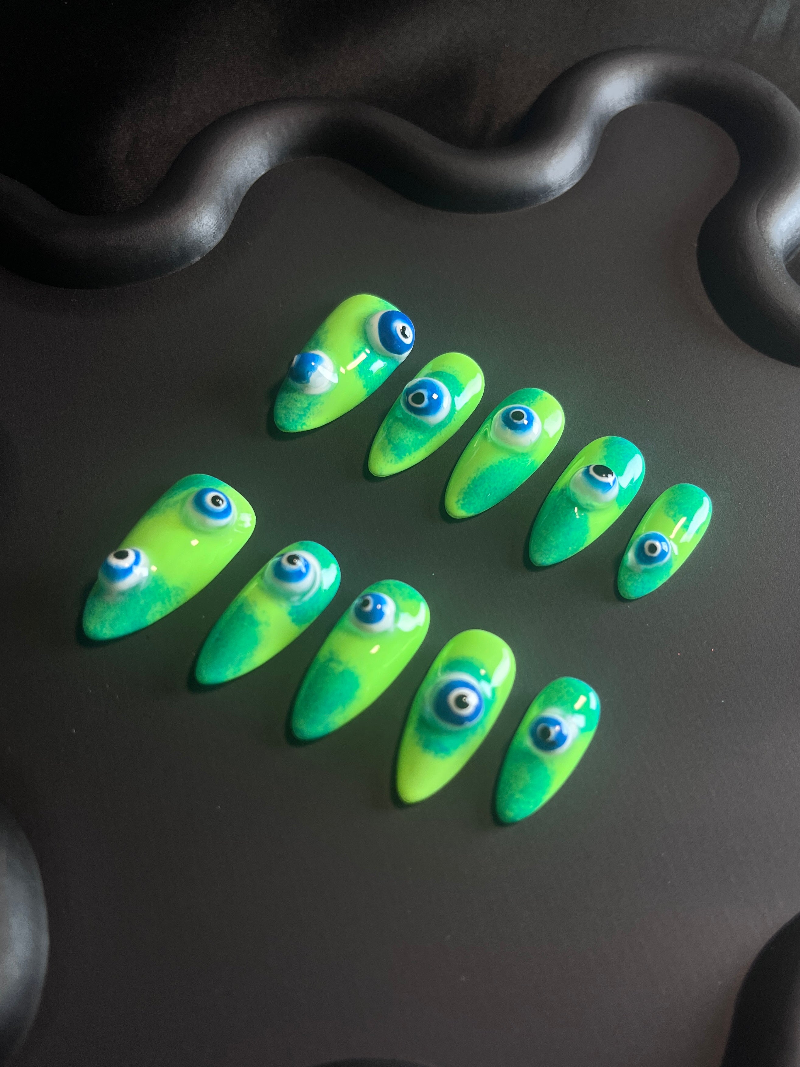 3D Evil Eye Green Almond Ombre Nails