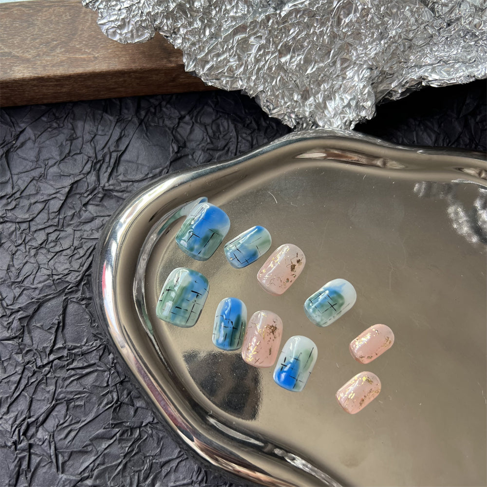 Blue Marble Nails Gold Foil Round Square