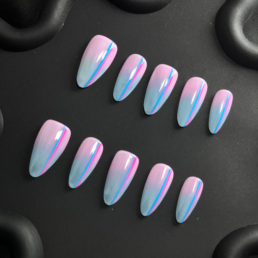 Double Line Almond Blue Ombre Nails