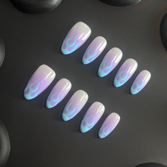 Blue Flame Purple Almond Ombre Nails