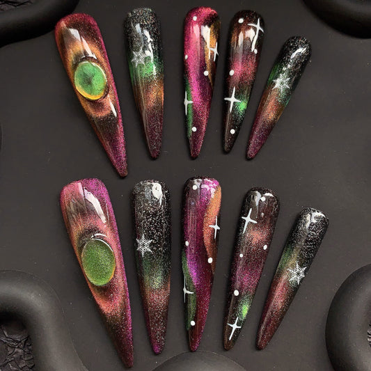 Psychedelic Star Stiletto Dark Pink Ombre Nails