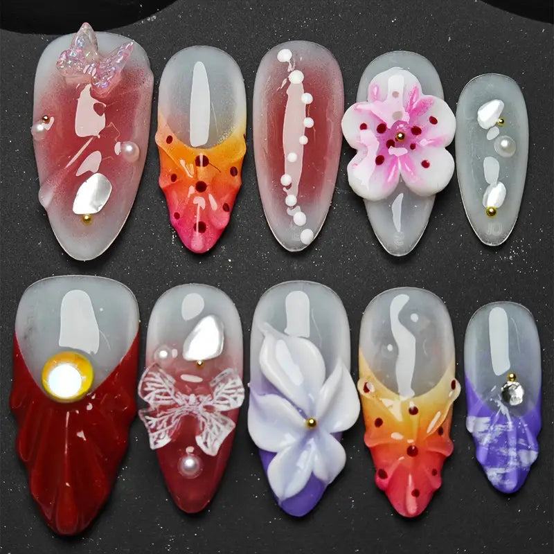 Tropical 3D Flower Almond Red Ombre Nails