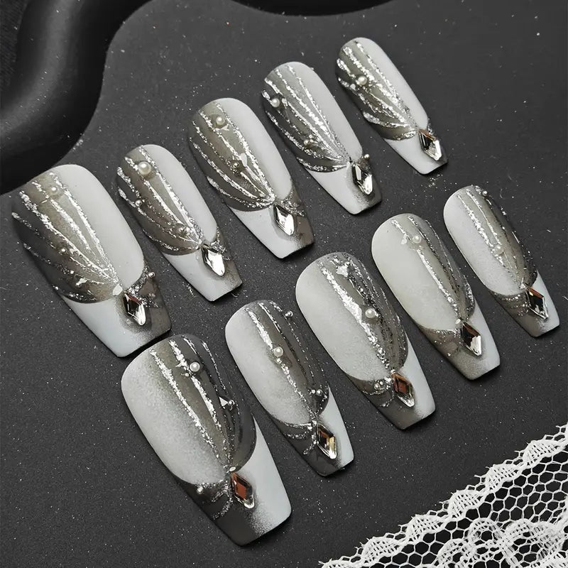 Matte French Line Coffin Grey Ombre Nails