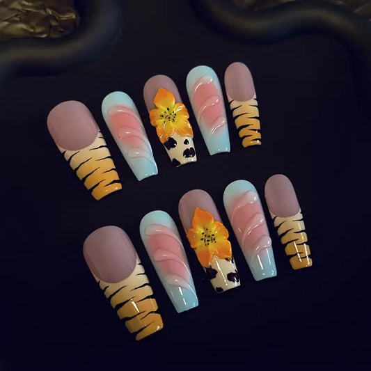 Animal Print Flower Coffin Blue Ombre Nails