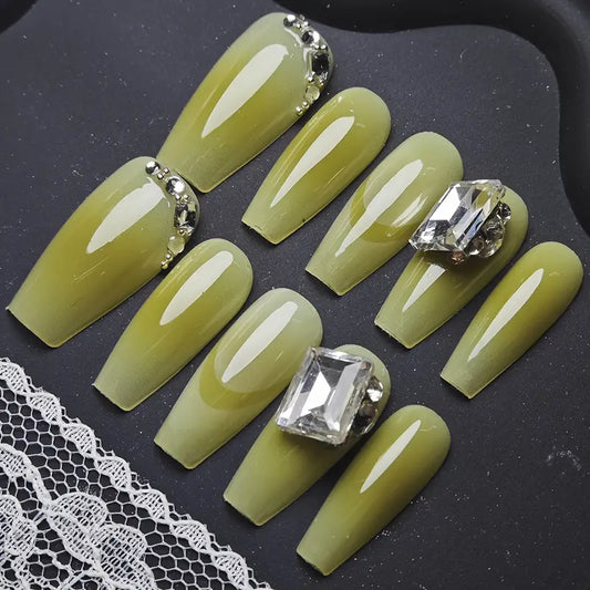 Diamond Coffin Yellow Ombre Nails