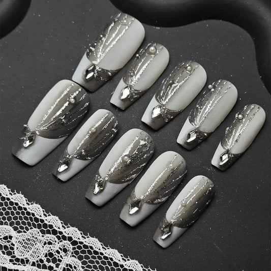 Matte French Line Coffin Grey Ombre Nails