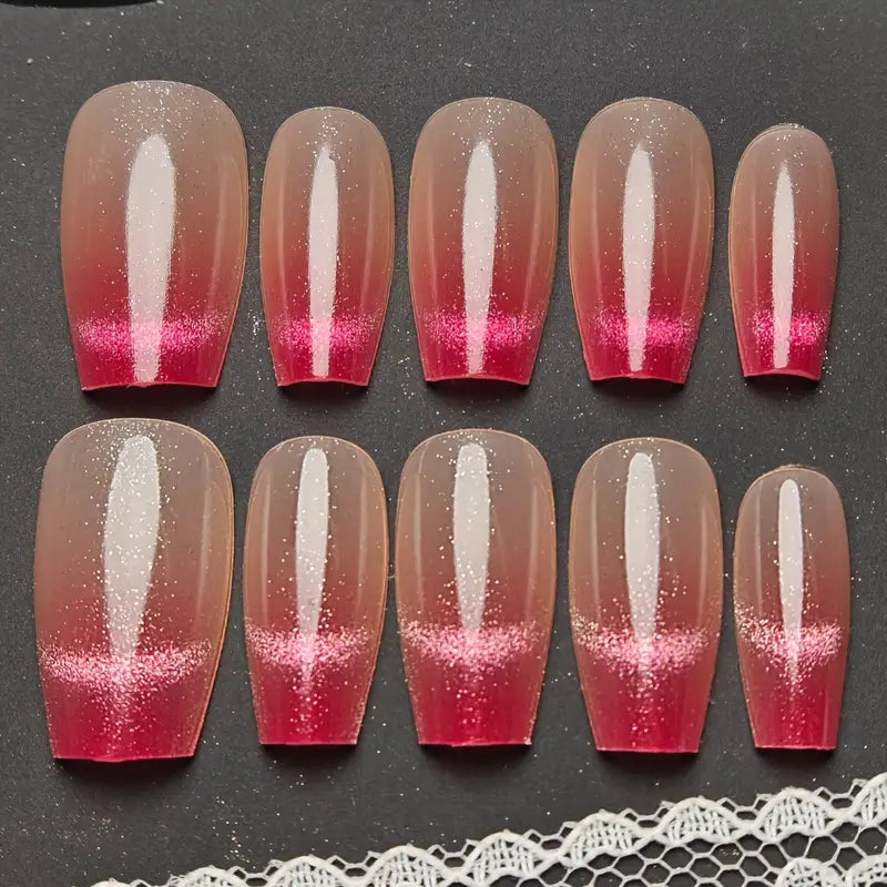 Cat Eye French Coffin Red Ombre Nails