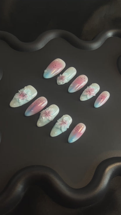 Pink Blue 3D Orchid Almond Ombre Nails