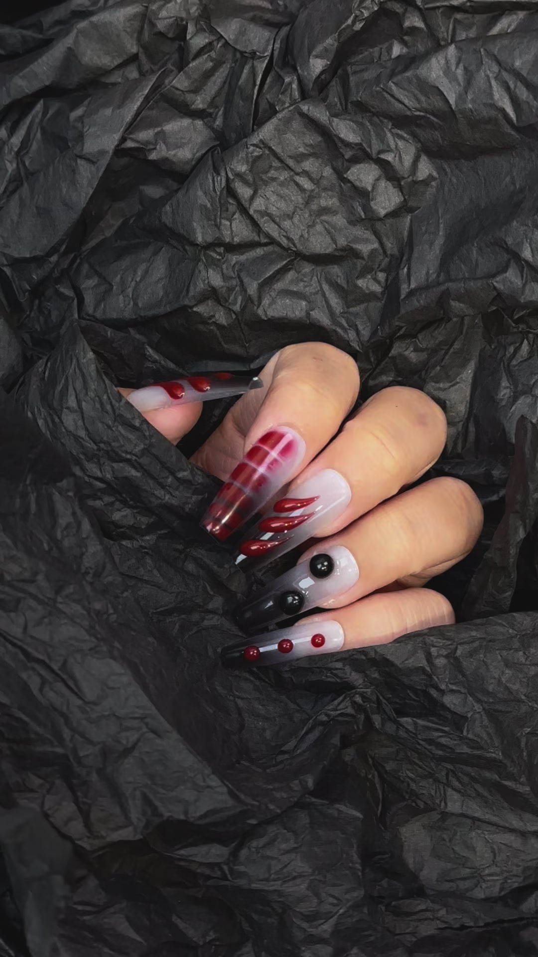 Red Black 3D Edgy Coffin Ombre Nails